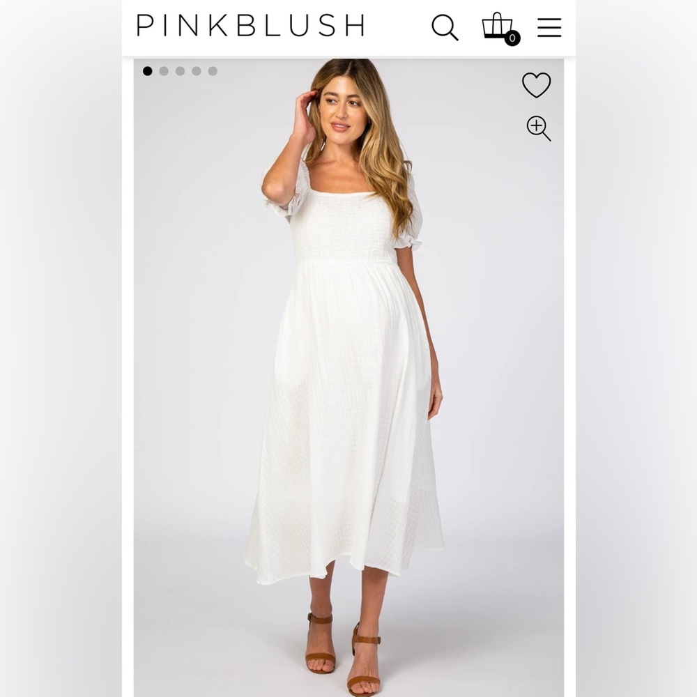 PINKBLUSH White Smocked Puff Sleeve Maternity Midi Dress
